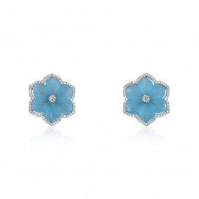 White Gold Blue Onyx & Diamond Flower Earrings